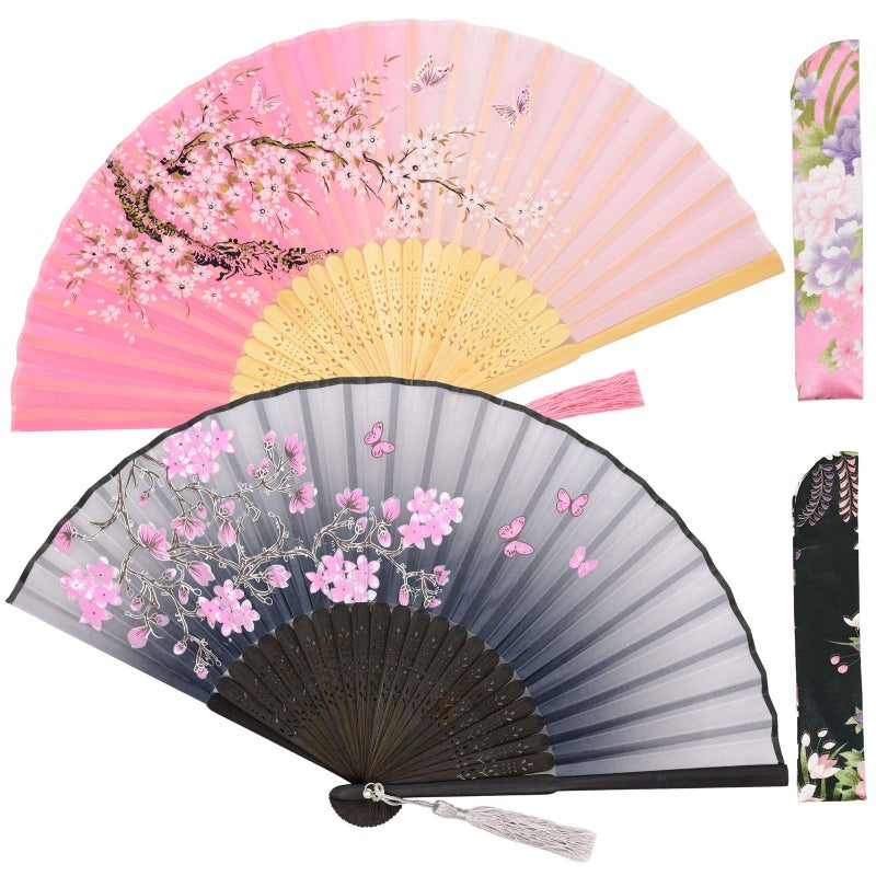 Zolee 2 PCS Small Folding Hand Fans for Women - Chinese Japanese Vintage Bamboo Silk Fans - for Dance, Performance, Decoration, Wedding, Party, Gift (Gray & Pink Sakura) - Image 1